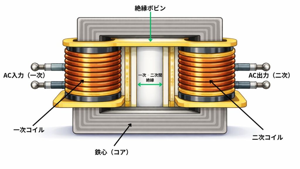 一次コイルと二次コイルを絶縁ボビンで分離した電源トランス断面図