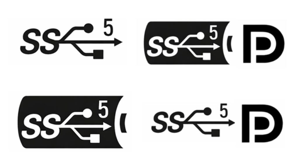 SuperSpeed USB 5Gbps（SS 5）およびUSB Power Delivery対応を示すUSBロゴマーク