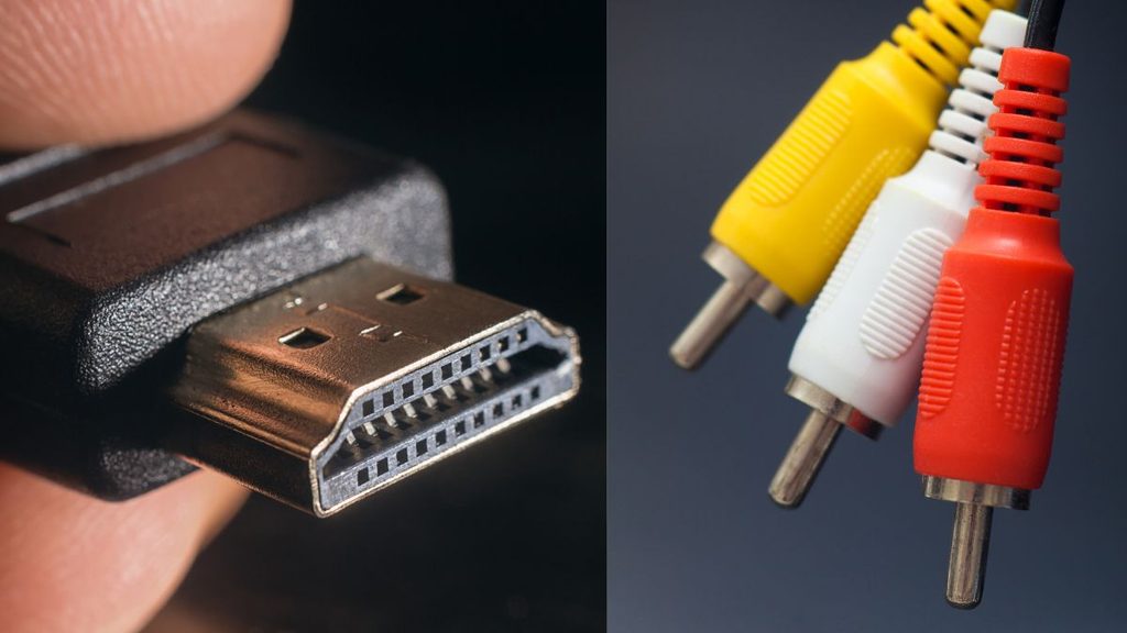 現在のHDMIケーブルと、昔のテレビやビデオデッキで使われていた赤・白・黄色のRCAケーブルを左右に並べた比較画像